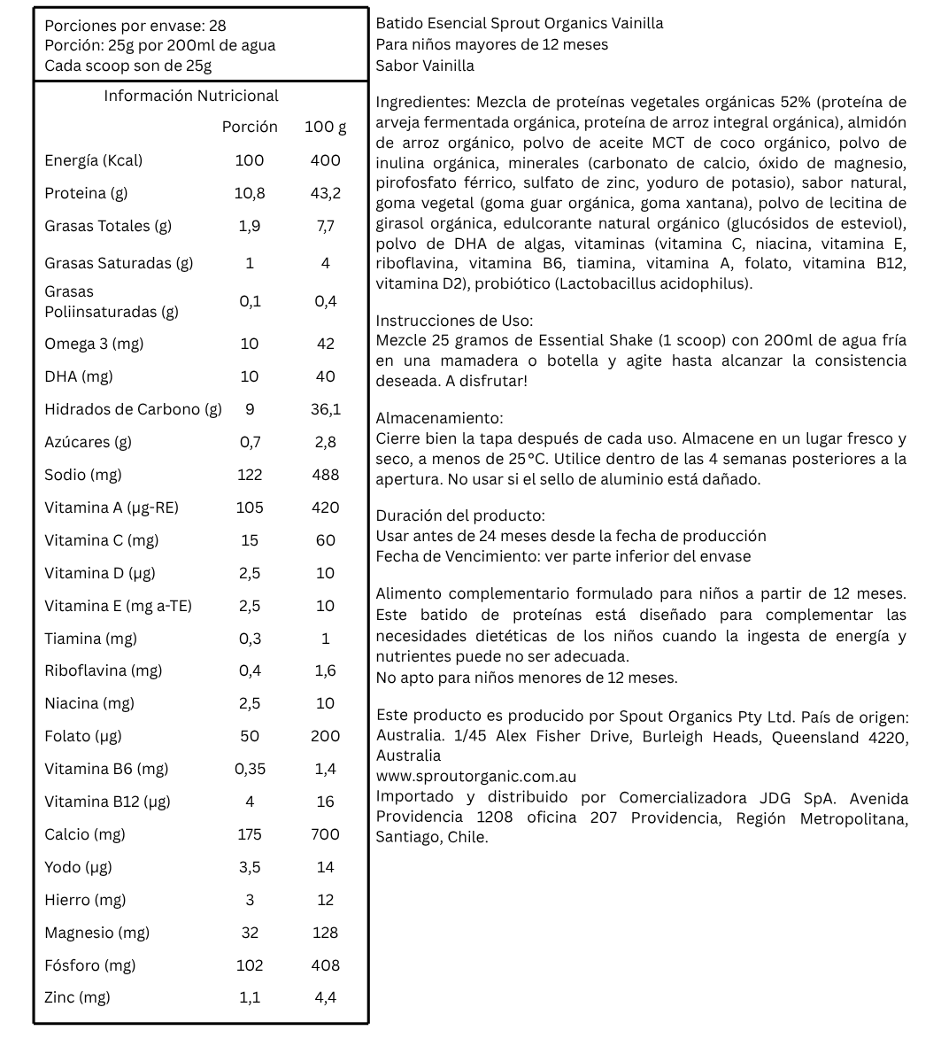 Sprout Organic Essential Shake Sabor Vainilla 700gr